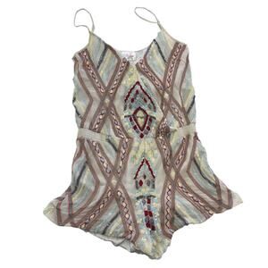 Parker Romper Womens Small Ivory Silk Beaded Sequin Embroidered Geometric V Neck